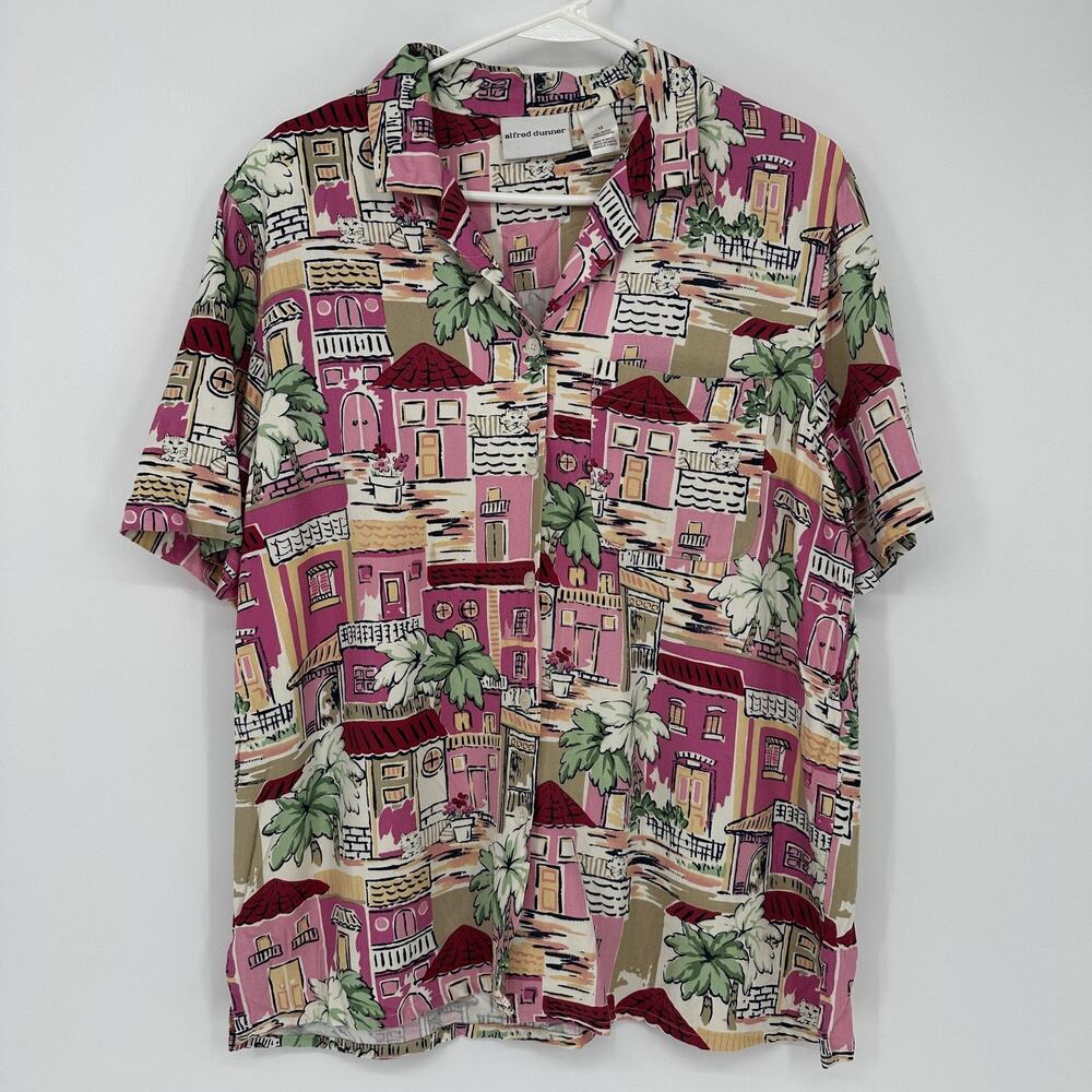 Alfred Dunner Women 12 Pink Tropical Cat Print Rayon Button Up Shirt Village Top